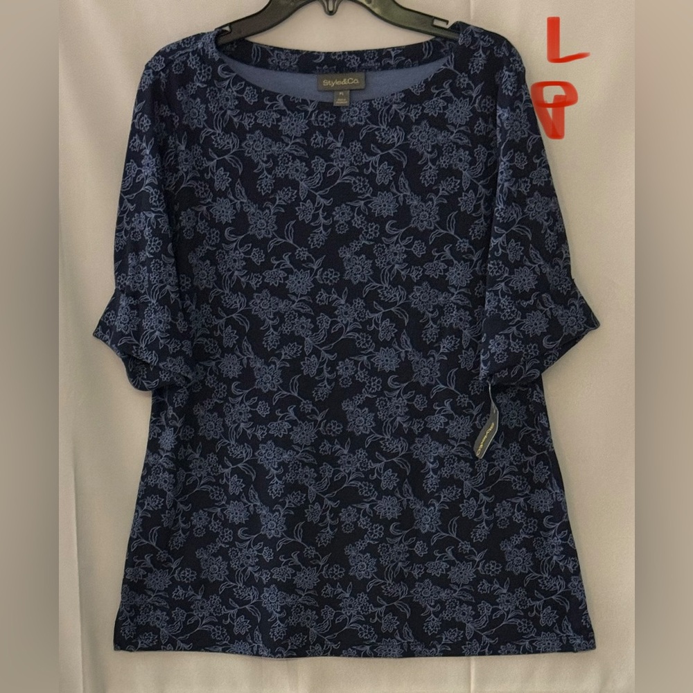 Style & Co. Navy Floral Short Sleeve Top